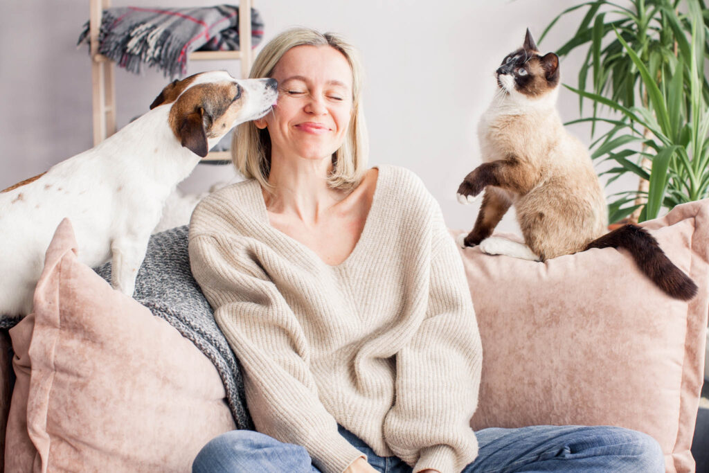 Woman closed her eyes with pleasure spending time with pets Happy woman is resting on the couch with a dog and a cat